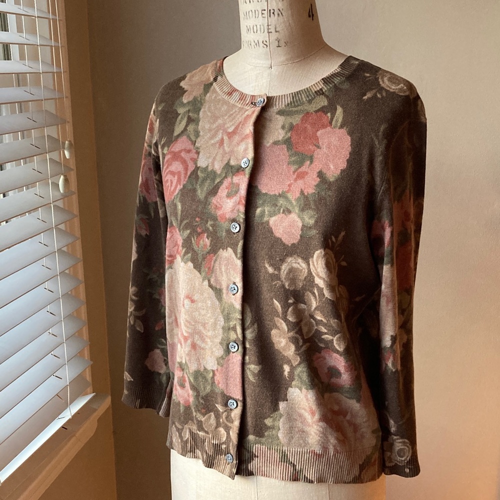 Lauren Petites by Ralph Lauren Floral Button-Up Crewneck Cardigan, brown pink
